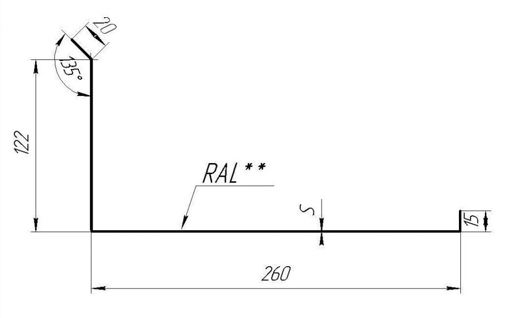 планка примыкания нижняя 122x260 мм grand line 0,45 мм полиэстер (pе), ral 7024 темно-серый, 2000 мм